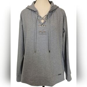 Michael Kors Lace-Up Hoodie Heather Blue Pullover Sweatshirt Sz M